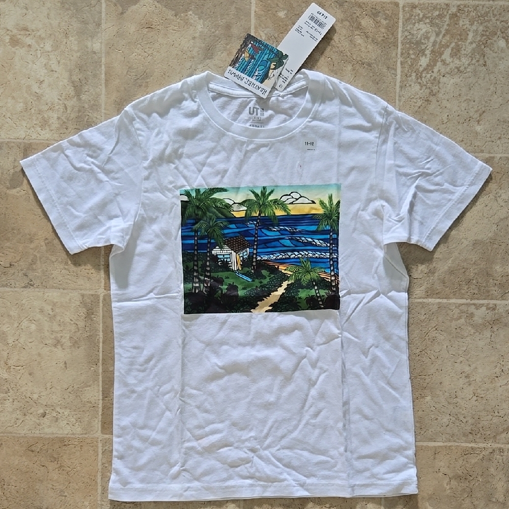 Heather Brown, Girls White T-Shirt with Tropical Print